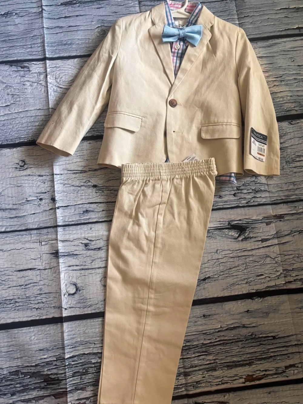 Nautica Boys' Beige Suit with Light Blue Bow Tie